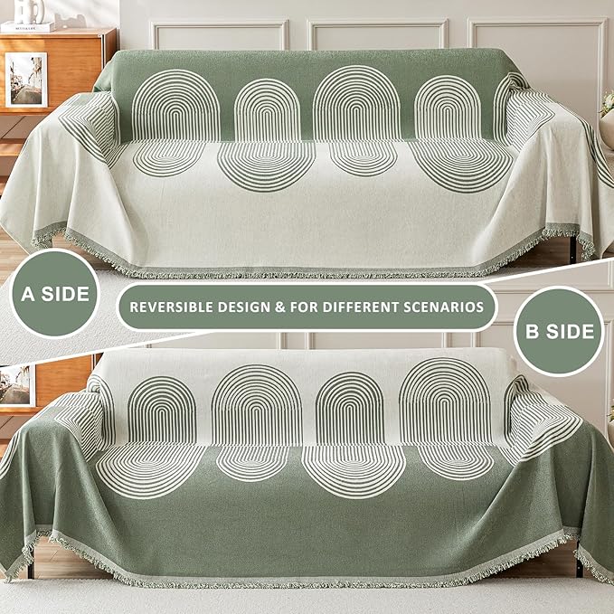 STACYPIK Green Geometric Couch Cover Boho Sofa Cover for Sectional Non-Silp Sofa Covers for Dogs Reversible Beige Couch Cover Loveseat Cover L Shaped Furniture Protector for 3 Cushion Couch-71X150IN