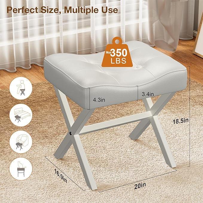 18-Inch Large Leather Vanity Stool, Vanity Chair with Metal X-Leg, Ottoman Foot Stool with Thick Padded Saddle Seat, White