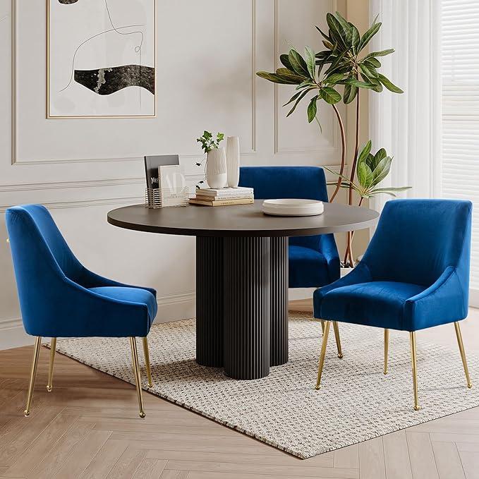 Modern Velvet Dining Chairs Set of 4, Contemporary Upholstered Furniture Collection with Polished Gold Metal Legs, Elegant Accent Chairs for Kitchen Living Room(Blue)