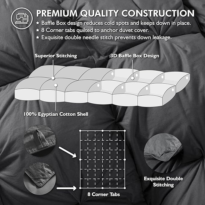 Luxurious Goose Down Feather Fiber Comforter California King Size Duvet Insert, Pinch Pleat Ruffled Twisted Flower, Premium Baffle Box, 100% Egyptian Cotton Cover, 75 oz. Fill Weight, Gray