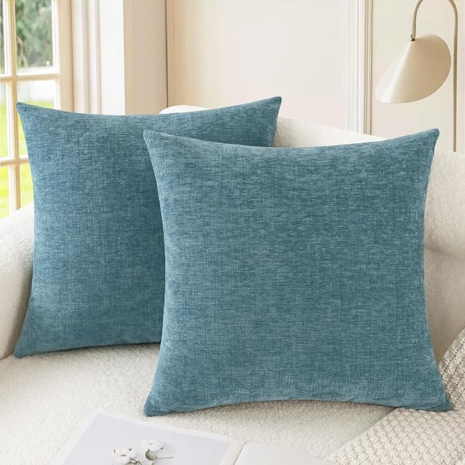 CaliTime Throw Pillow Covers Decorative 18 X 18 Inches Pack of 2 Cozy Chenille Cushion Cases for Couch Sofa Bed Living Room Home Smoke Blue