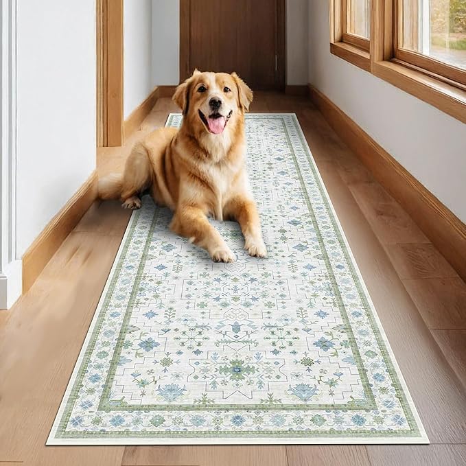 Oushak 3x20 Wide Hallway Runner Rug - Vintage Turkish Floral, Washable Low Pile Non Slip 20ft Extra Long Runners for Large Kitchen, Hall Way - Blue and Green Décor