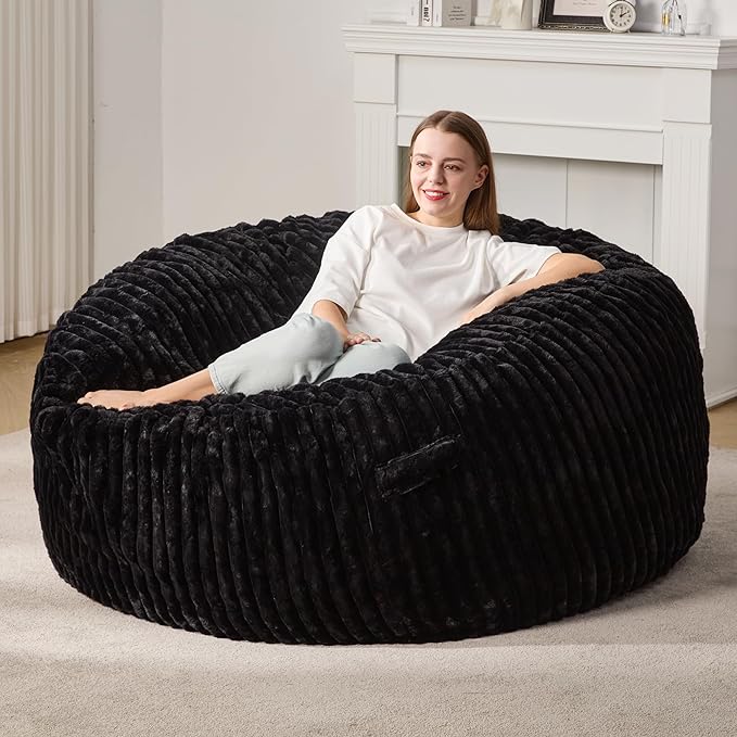 Hobestluk 5ft Bean Bag Chairs for Adults Large Beanbag Chair with Stripe Plush Cover Big Bean Bag Chair for Living Room Bedroom Dorm Office -Black (50” x 50” x 24”)