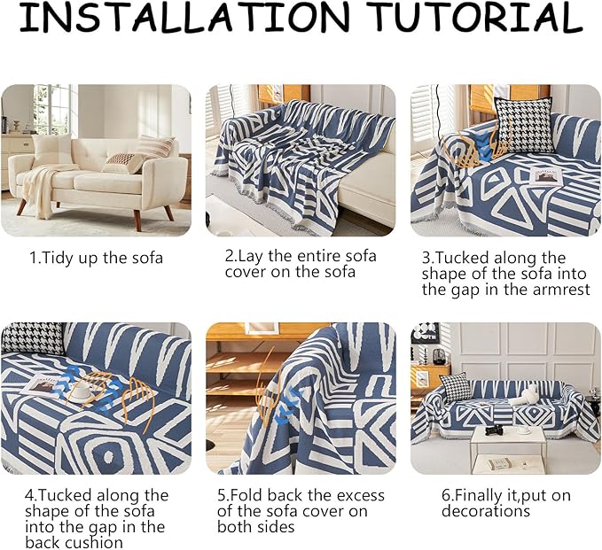 HANDONTIME Boho Chenille Sofa Cover - Denim Blue Reversible Blanket for L Shaped Sectional Couch - Geometric Protector for Dogs, 71" X 71"