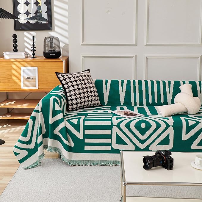HANDONTIME Couch Cover Boho Sofa Covers Washable Forest Green Dog Covers for Couches Reversible Couch Blanket Cover Geometric L Shaped Couch Covers for 2 3 Couch Cushion Cover Dark Green, 91" X134"