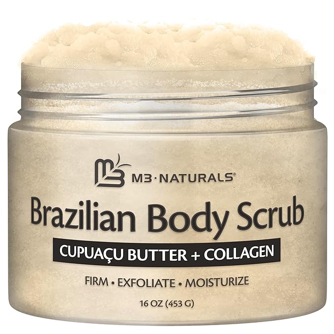 Firming & Moisturizing Brazilian Body Scrub for Body, Hands & Feet, Gentle Body Exfoliator with Cupuacu Butter, Jojoba Oil & Collagen, 16 oz (453 g) by M3