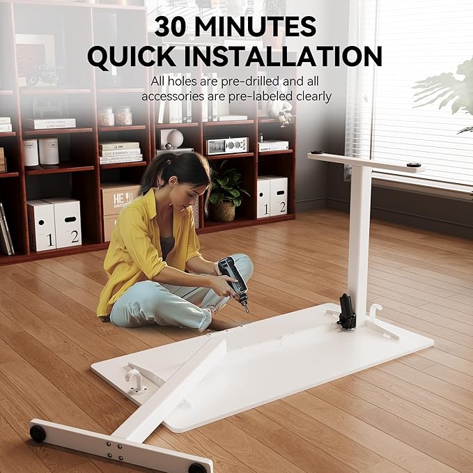 Electric Standing Desk Adjustable Height 40"x24" Stand Up Desk with Lockable Wheels Ergonomic Sit Stand Desk for for Work Office Home Computer Workstation (White)