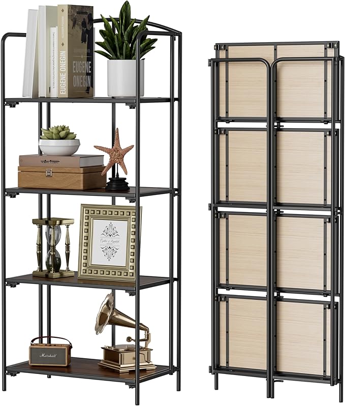Crofy No Assembly Folding Bookshelf for Living Room, 4 Tier Black Collapsible Book Shelf for Home Office, Portable Bookcase Storage Organizer