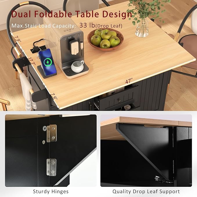 56" Large Kitchen Island with 2 Drop Leafs,Rolling Kitchen Cart on 5 Wheels W/Power Outlet & 3 Drawers,Folding Storage Dining Table W/Spice & Towel Racks,for Kitchen,Dining Room,Black