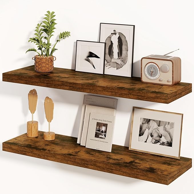 Floating Shelves 36 Inch Long, Deep Floating Shelf for Wall, 36 x 8 Floating Shelves Set of 2, 8 Inch Deep Wall Shelves for Living Room, Kitchen, Bedroom, Large Storage Shelves, Rustic Brown