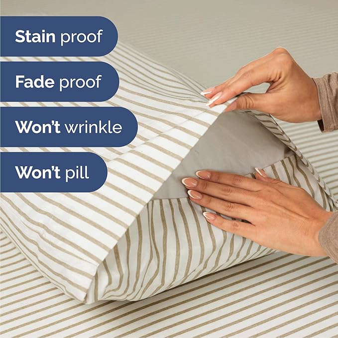 Cal King Size 4 Piece Sheet Set - Comfy Breathable & Cooling Bed Sheets Set - Hotel Luxury Bedding for Women, Men, Kids, Teens, Boys & Girls - Deep Pockets & Wrinkle Free - Oeko-Tex - Beige Stripes 2
