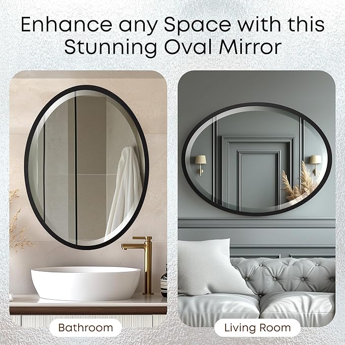 OVALCREST - Oval Wooden Beveled Wall Mirror for Home Decor, Bathroom, Vanity, Bedroom, Living Room, Hallway - London Style (Matte Black) 25.1 x 37.1