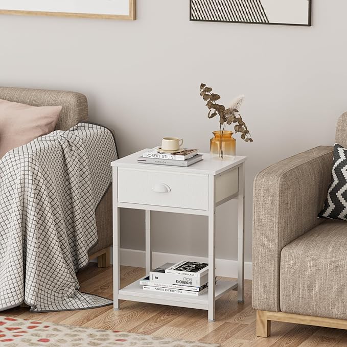 Furologee White Nightstand with Fabric Drawer, Small Side Table for Small Spaces, 2 Tiers Storage Shelves End Table, Night Stand for Living Room, Bedroom, Dorm