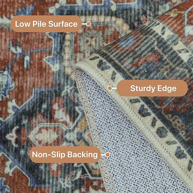 GENIMO 2'6''x12 Runner Rugs for Hallway, Machine Washable Non Slip Vintage Rugs, Low Pile Lightweight Soft Print Rug for enrtyway, Corridor, Home Office, Kitchen, Bordeaux