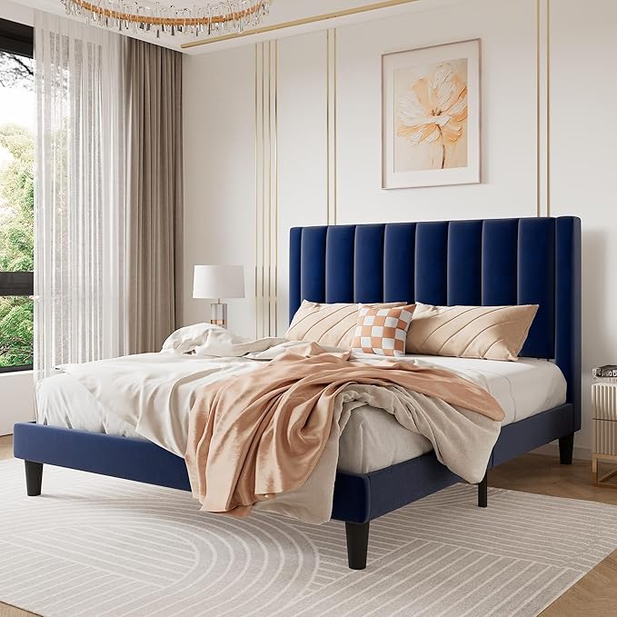 SHA CERLIN Full Bed Frame/Velvet Upholstered Platform Bed Frame with Headboard/Strong Wood Slats Support/Mattress Foundation/No Box Spring Needed - Dark Blue