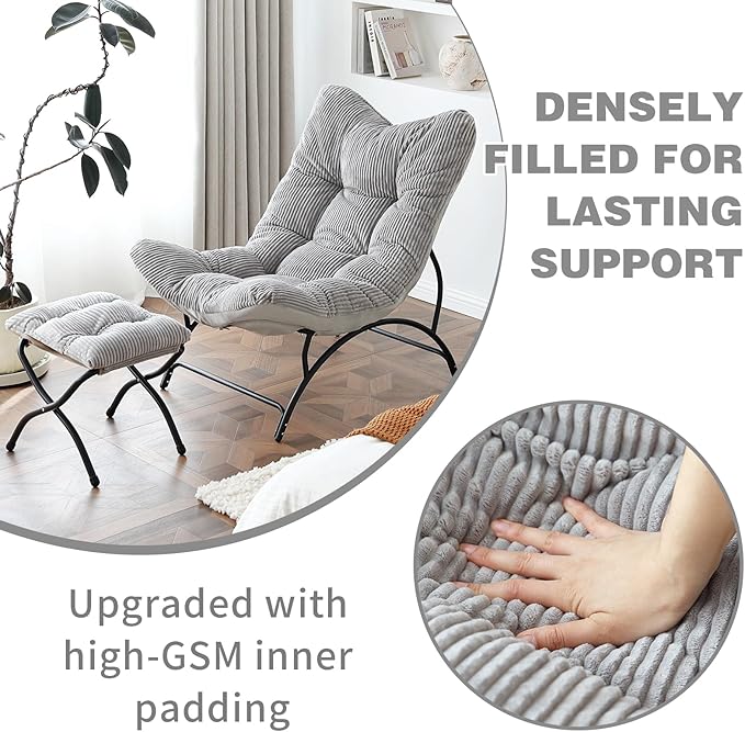 Welnow Accent Lounge Lazy Chair, Comfy Soft Leisure Metal Frame Reading Chair, Upholstered Thick Cushion Seated Recliner Sofa for Living Room, Bedroom, Dorm, Light Grey