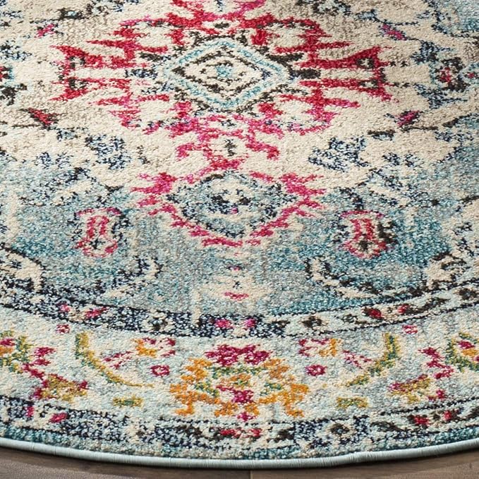 SAFAVIEH Monaco Collection Area Rug - 11' Round, Light Blue & Fuchsia, Boho Chic Medallion Distressed Design, Non-Shedding & Easy Care, Ideal for High Traffic Areas in Living Room, Bedroom (MNC243J)