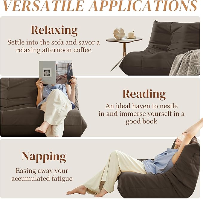 Bean Bag Chair, Loveseat Fireside Chair Bean Bag Sofa for Adults, 2 Seater Bean Bag Chairs for Teens with High-Resilience Foam, Memory Foam Bean Bag for Living Room, Bedroom, Office (Suede, Coffee)