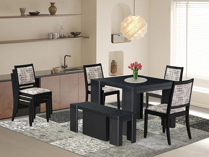 X02X2-2C6-30 4-pc Dining Room Table Set a Rectangular Kitchen Table and a wooden Bench and 2 Wire Brushed Black Polyester Stackable Chair, 39x120 Inch, Wire Brushed Black