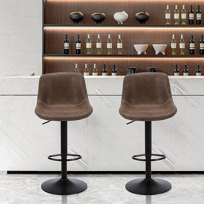 Bar Stools, Swivel Counter Height Barstools with Back, Adjustable Modern Bar Chairs, Tall Armless PU Leather Kitchen Island Stool (Brown, Set of 1)