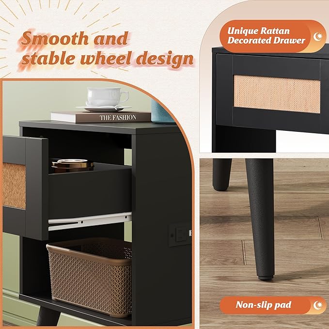 WLIVE Rattan Nightstands Set of 2 with Charging Station, Boho Nightstand, Wood Side Table, Small End Table with Drawers for Bedroom, Black