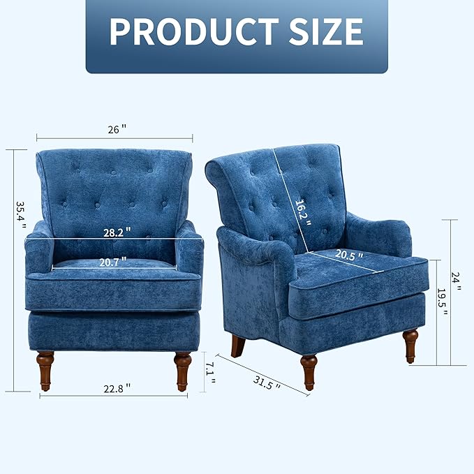 Ball & Cast Comfy Chenille Club Sofa Living Room Chairs,Accent Chair with Springs Cushions & Retro Wooden Legs,Reading Armchair for Bedroom,Office,Blue