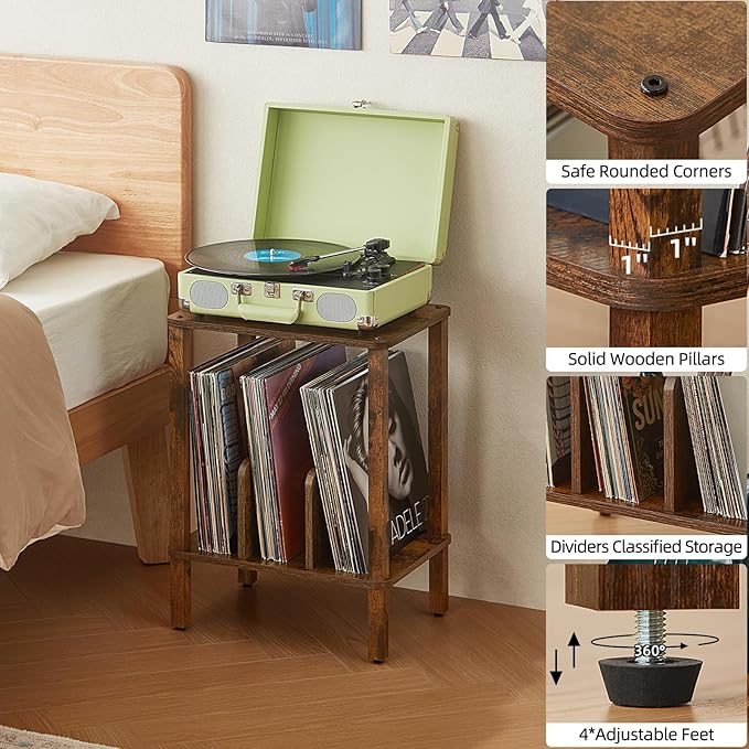 LELELINKY 2-Tier Record Player Stand with Vinyl Record Storage up to 100 Albums, Bedroom Record Holder and Multi-Functional End Table for Living Room, Brown