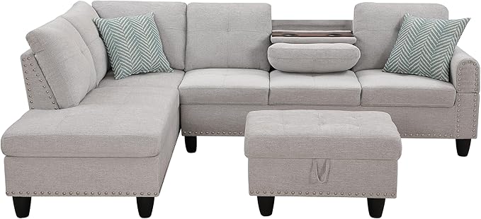 Ball & Cast 98" L Shaped Sectional Couch for Living Room with Chaise & Storage Ottoman,4 Seat Linen Upholstered Modular Sectional Sofa Set 3 PCS W/Cup Holder & Nailhead Trim,for Home,Office,Light Gray