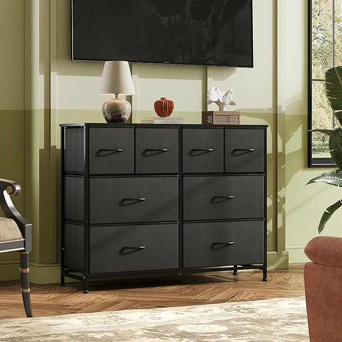 WLIVE Dresser for Bedroom with 8 Drawers, Wide Fabric Dresser for Storage and Organization, Bedroom Dressers, Chest of Drawers for Living Room, Closet, Hallway, Black