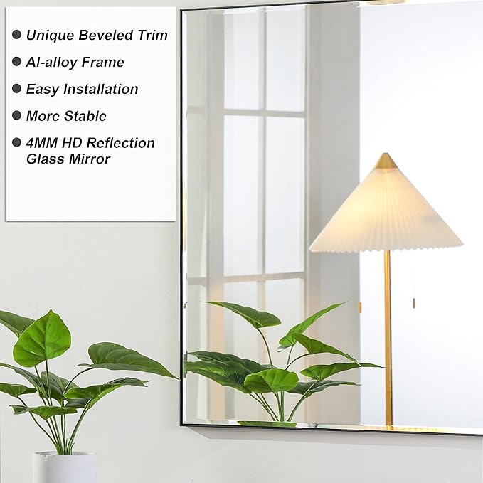 30x48 Inch Black Mirror with Beveled Trim, Aluminum Frame Bathroom Vanity Mirror, Copper-Free Mirror, Rectangle Wall Mounted Mirror, Modern Rectangular Mirror Horizontal or Vertical