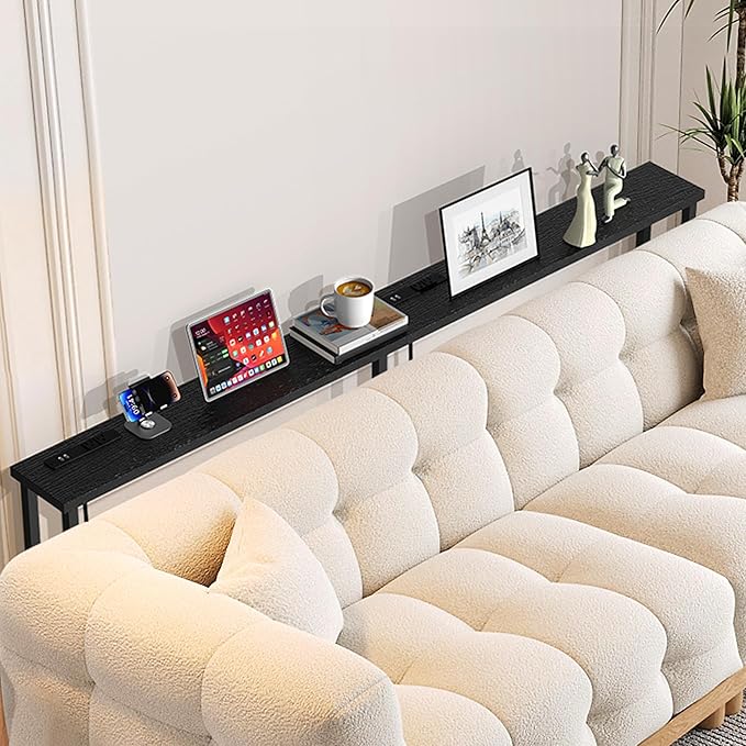 GRLEAF 63" Narrow Console Sofa Table with Built-in Power Strip (4 AC Outlets & 4 USB Ports) – 4.9ft Power Cord, Metal Frame, Easy Assembly, Ideal for Behind Couch, Hallway, and Home Office | Black