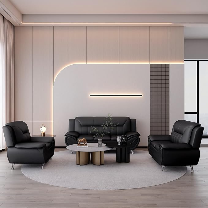Container Furniture Direct Michael Modern Faux Leather Upholstered Stainless Steel Legs Living Room Sofa, Midnight Black