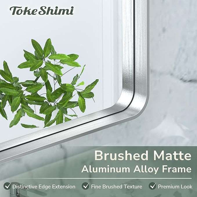 TokeShimi 42x36 Inch Brushed Silver Bathroom Mirror for Wall Brushed Brass Metal Rounded Corner Rectangle Mirror Metal Frame Deep Set Design Hangs Horizontal Or Vertical