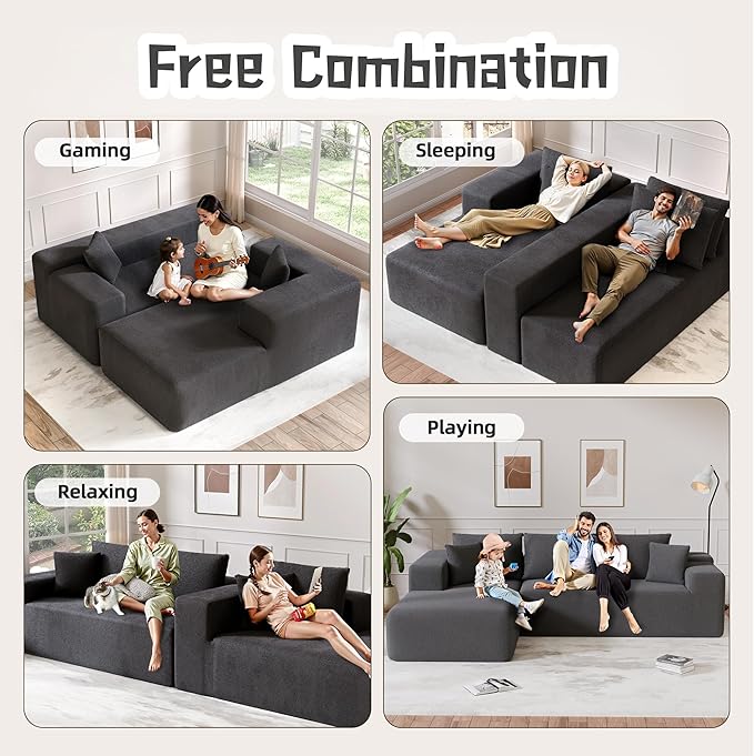 Cloud Sectional Couch, 104”L-Shape Oversized Sofa with Right Chaise Lounge, Modular Sleeper Couch with Pillows & Deep Seat, Rain Drop Velvet Fabric Compressed Sofa for Living Room, Dark Gray