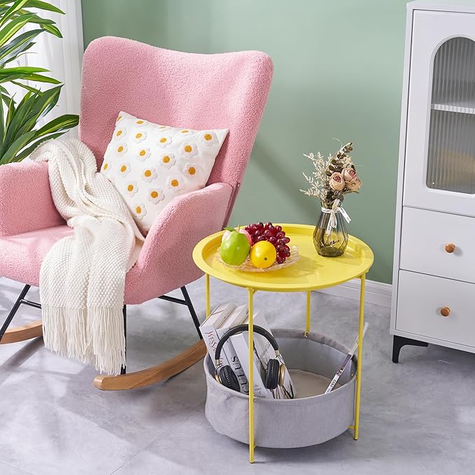 VECELO Round Side/End Table with Fabric Storage Basket，Metal Anti-Rust and Waterproof Small Bedside Nightstand with Removable Tray Top for Living Room，Balcony & Laundry，Yellow /1pcs with Basket
