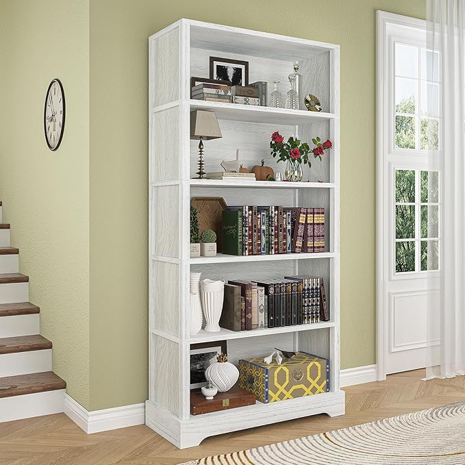 TVU 5-Shelf Wood Bookcase, 65 Inch Tall Bookshelf with Storage, Floor Standing Display Book Shelf，for Living Room Bedroom Study Office，Antique White