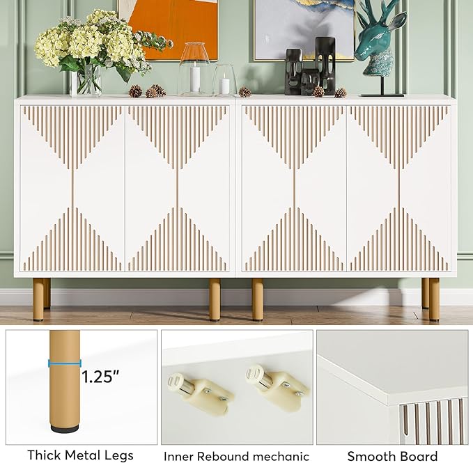 LITTLE TREE White Sideboard Buffet Cabinet, Modern Sideboard Cabinet with 4 Doors, Cupboard Console Table