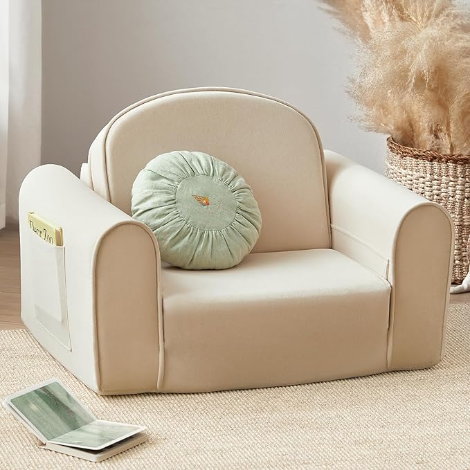 Tiny Land 2-in-1 Foldable Kids Couch with Pockets – Soft Thick Toddler Sofa, Lounger Couch, Convertible Kids Chair for Playroom, Bedroom or Living Room, Gift for Boys & Girls(Beige)