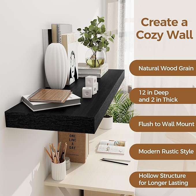 Black Floating Shelves 36 Inch Long, 12 Inch Deep Floating Shelves for Wall, 36 x 12 Shelves for Wall Storage & Display, 2" Thick Floating Shelf for Bathroom, Living Room, Bedroom, Set of 2