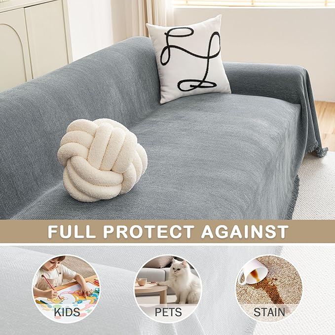 hyha Couch Cover for Dogs, Boho Sofa Covers for 3 Cushion Couch Washable, Chenille Sofa Slipcover for Pets, Soft Loveseat Sectional Couch Throw Blankets with Tassels (Grey, 88.5x134 Inch)