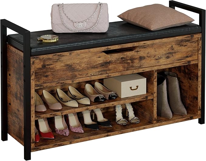 IRONCK Shoe Storage Bench, Entryway Bench with Lift Top Storage Box, Metal and Board Bench for Entryway, Two Tier Shoe Rack Organizer for Entryway, Hallway, Industrial, Vintage Brown