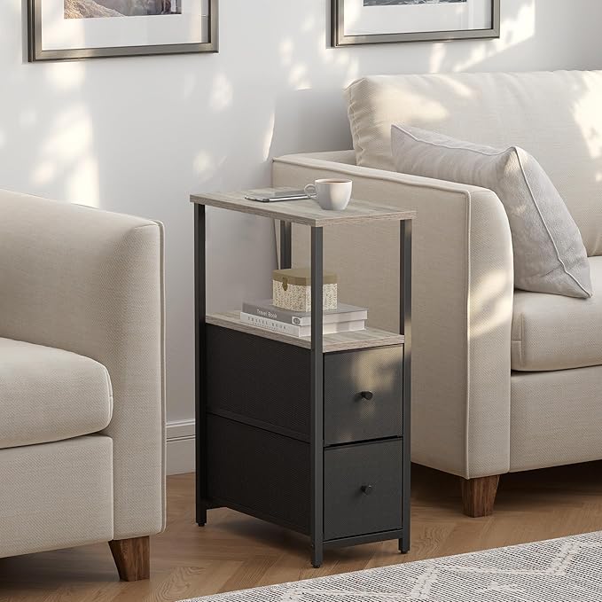 TUTOTAK Small Narrow End Table, Set of 2, Side Table, Nightstand with 2 Cloth Drawers, Couch Table, for Living Room, Bedroom, Bedside, Greige TB01BG054