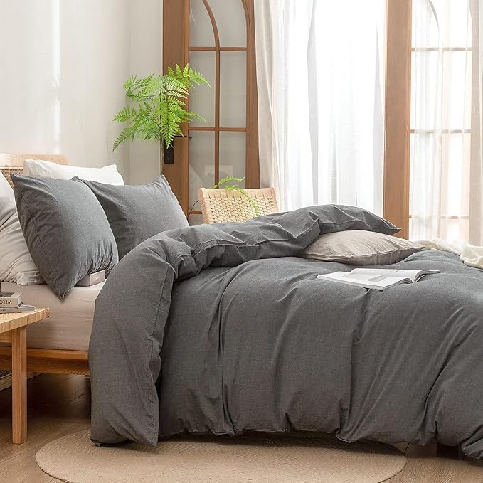 BESTOUCH Duvet Cover Set 100% Washed Cotton Linen Feel Super Soft Comfortable Chic Lightweight 3 PCs Home Bedding Set Solid Dark Grey Full/Double