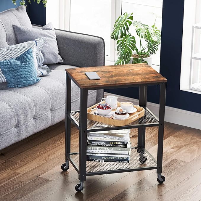 VASAGLE BRYCE Serving Cart, 3-Tier Kitchen Utility Cart on Wheels with Storage, for Living Room, Accent Furniture with Steel Frame, Industrial, Rustic Brown and Black ULRC78X