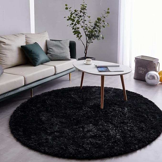 FJZFING Black Round Rug Ultra-Soft Plush Modern 5x5 Circle Area Rug for Kid's Bedroom, Fluffy Shag Circular Rug for Nursery Room, Non-Slip Home Decor Cute Black Carpet for Teen's Room