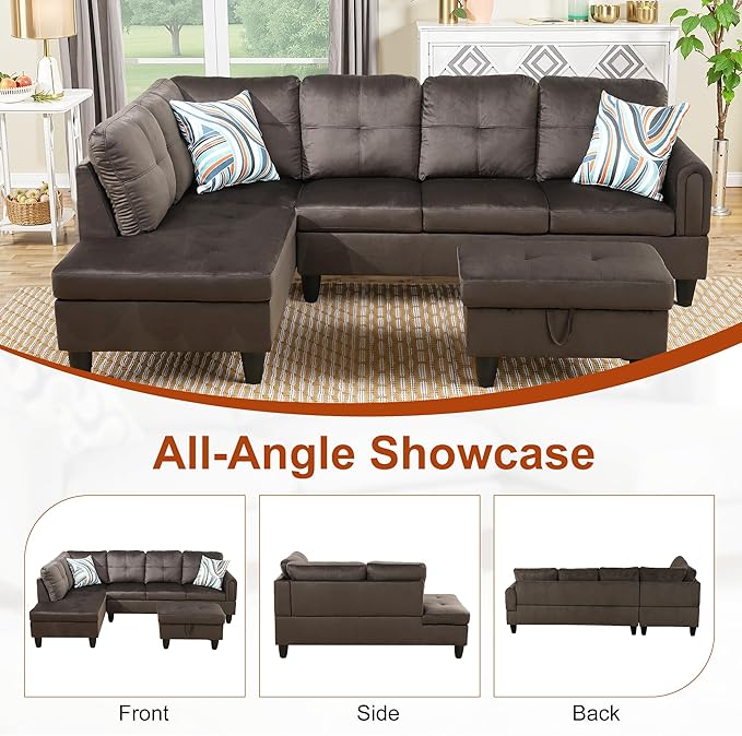 Osparple L Shaped Couch Sectional Couches for Living Room Upholstered Flannel 3 Pieces Modular Sectional Sofa with Chaise, Ottoman with Storage for Living Room and Small Apartment, Dark Brown