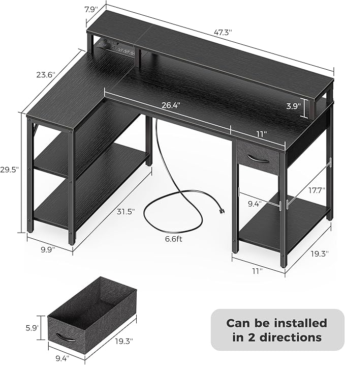 SUPERJARE 47 inch Reversible L Shaped Desk with LED Lights & Power Outlets, Computer Desk with Shelves & Monitor Stand, Gaming Desk with Drawer, Home Office Desk Corner Desk, Black