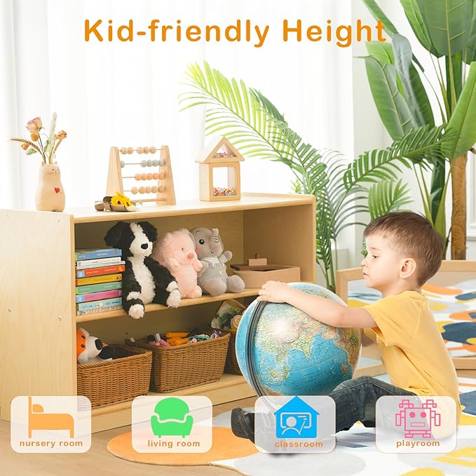 Kids Bookshelf and Toy Storage Shelf, Wooden Montessori Bookshelf, 2-Tier Toy Shelf, 24in Birch Children Bookcase, Classroom Furniture, Book Shelf for Kids Room, Nursery, Playroom