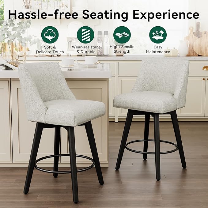 Vipbear Swivel Counter Height Bar Stools Set of 4,26.8" H Counter Stools with Back, Mid Century Modern Bar Stools for Kitchen Island,Linen Fabric,Wooden Base, White
