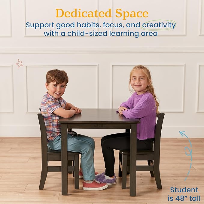 ECR4Kids 24in x 24in Hardwood Table and Chair Set, 12in Seat Height, Kids Furniture, Grey Wash